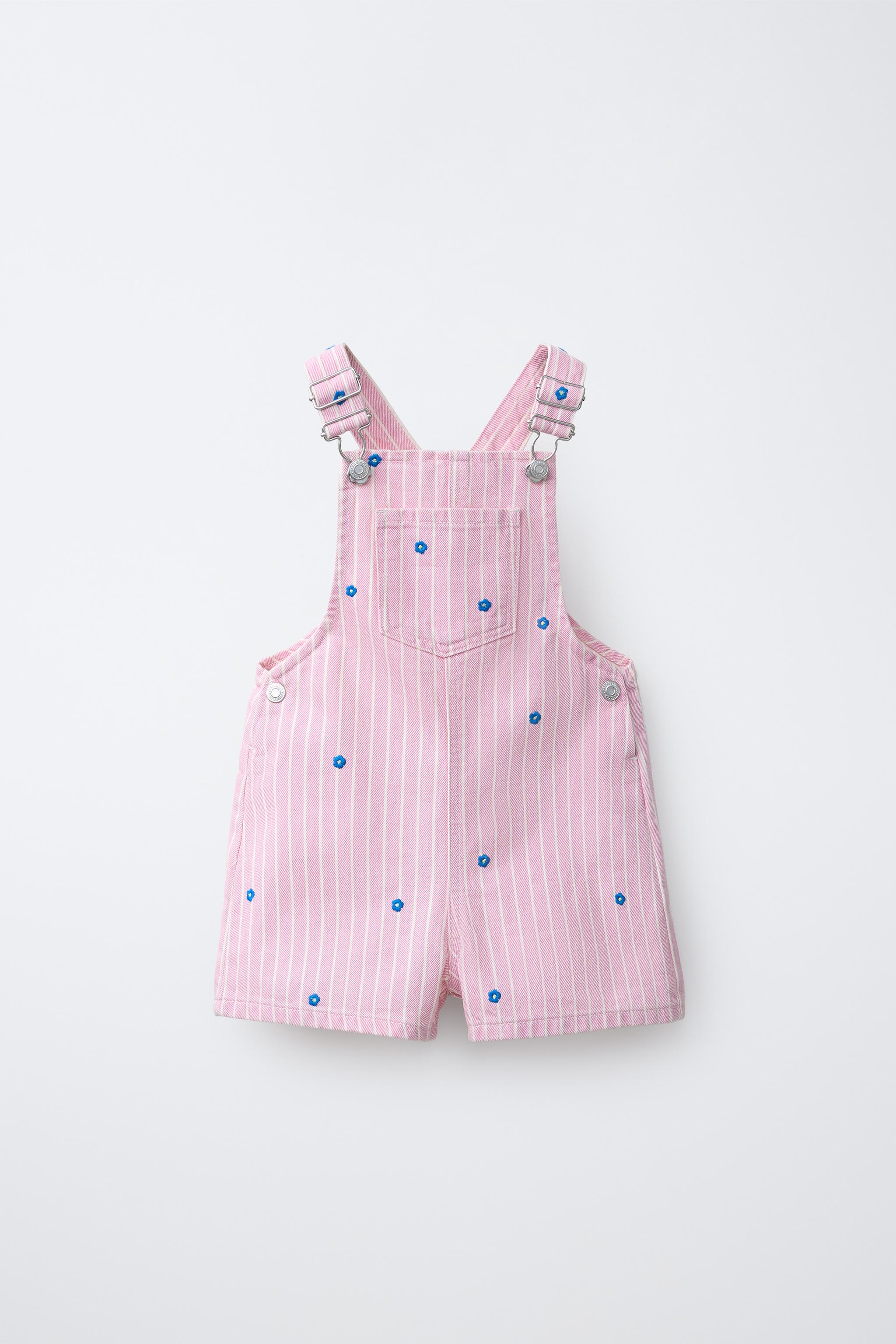 STRIPED & EMBROIDERED FLORAL TWILL OVERALL SHORTS